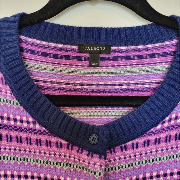 TALBOTS Purple Pink Fair Isle Wool Blend Button Down Cardigan Sweater Sz Large - Picture 3 of 9
